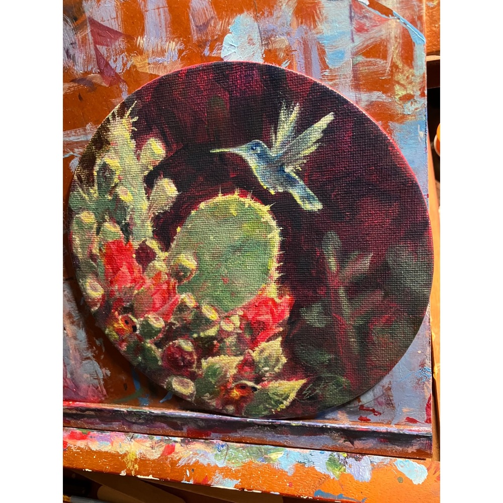 Original Hummingbird & Cactus painting Art Round desert blooming prickly pear - Picture 2 of 8